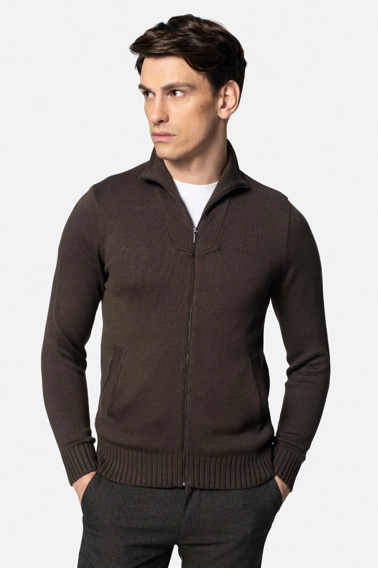 SWETER ALTER ROZPINANY BRĄZOWY Z BAWEŁNĄ