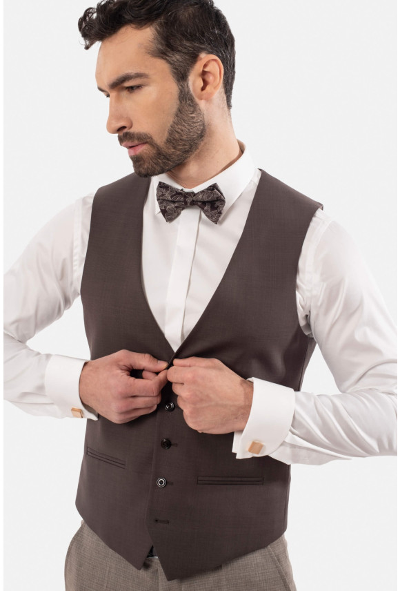 KAMIZELKA MULAN SLIM FIT BRĄZOWA JEDNORZĘDOWA Z WEŁNĄ
