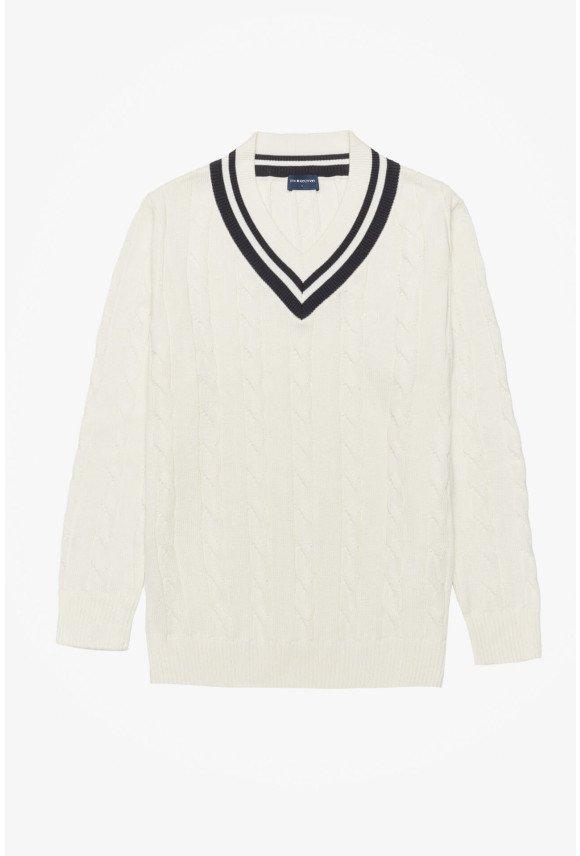 SWETER TENNIS CLUB 008 Z DEKOLTEM TYPU SEREK ECRU Z BAWEŁNĄ