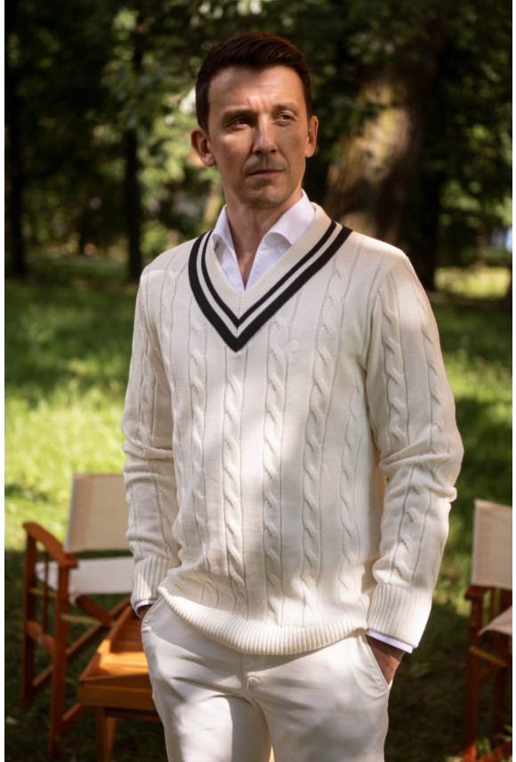 SWETER TENNIS CLUB 008 Z DEKOLTEM TYPU SEREK ECRU Z BAWEŁNĄ