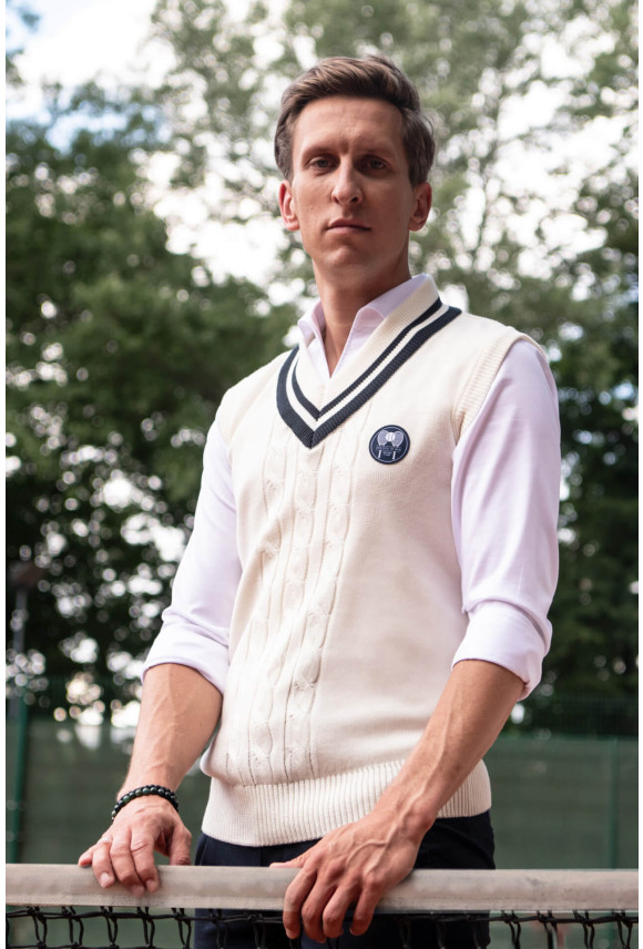 SWETER TENNIS CLUB 009 Z DEKOLTEM TYPU SEREK ECRU Z BAWEŁNĄ