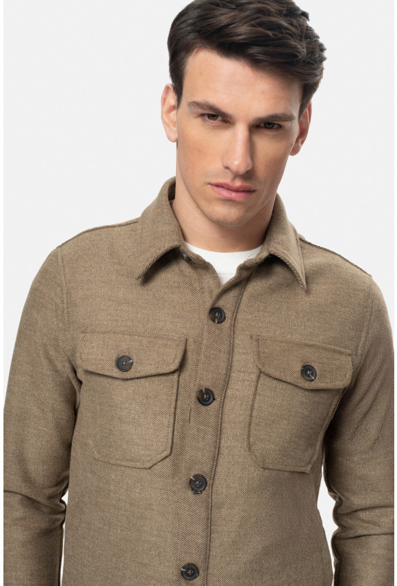 KOSZULA OVERSHIRT 3279 DŁUGI RĘKAW CUSTOM FIT BEŻOWA Z WISKOZĄ