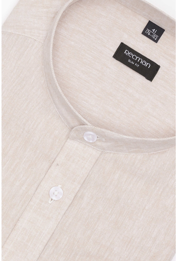KOSZULA FORMENTO 3289D DŁUGI RĘKAW SLIM FIT BEŻOWA Z LNEM