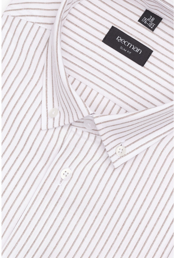 KOSZULA COFINO 3293T DŁUGI RĘKAW SLIM FIT BEŻOWA Z BAWEŁNĄ