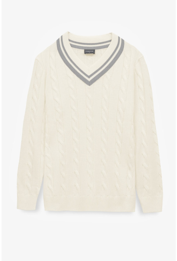 SWETER TENNIS CLUB 108 Z DEKOLTEM TYPU SEREK ECRU Z BAWEŁNĄ