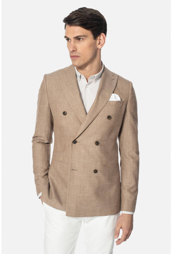 MARYNARKA ALAMO BEŻOWA SLIM FIT DWURZĘDOWA Z LNEM