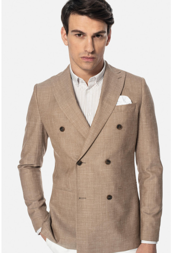 MARYNARKA ALAMO BEŻOWA SLIM FIT DWURZĘDOWA Z LNEM