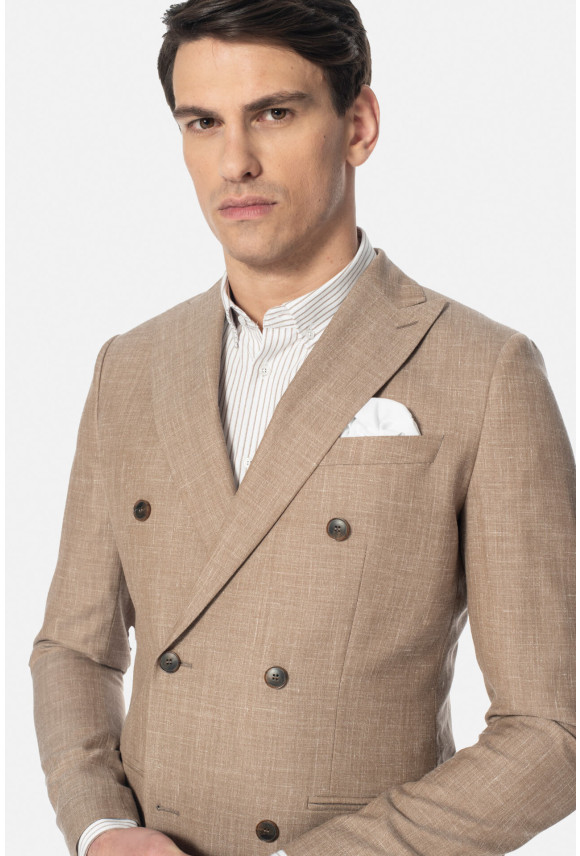 MARYNARKA ALAMO BEŻOWA SLIM FIT DWURZĘDOWA Z LNEM