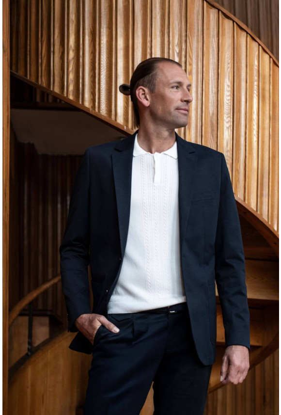 MARYNARKA TENNIS CLUB 102 GRANATOWA SLIM FIT JEDNORZĘDOWA Z BAWEŁNY