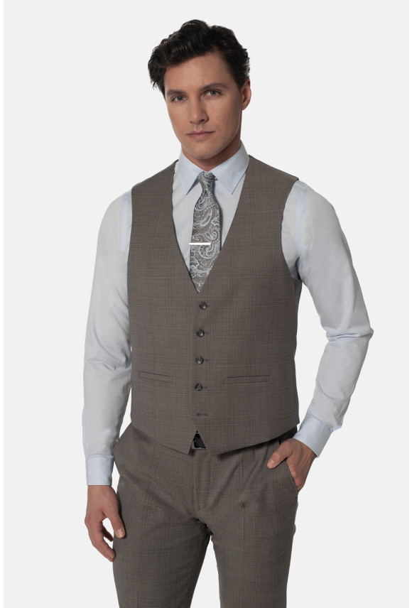 KAMIZELKA CRATO SLIM FIT BRĄZOWA JEDNORZĘDOWA Z WEŁNĄ