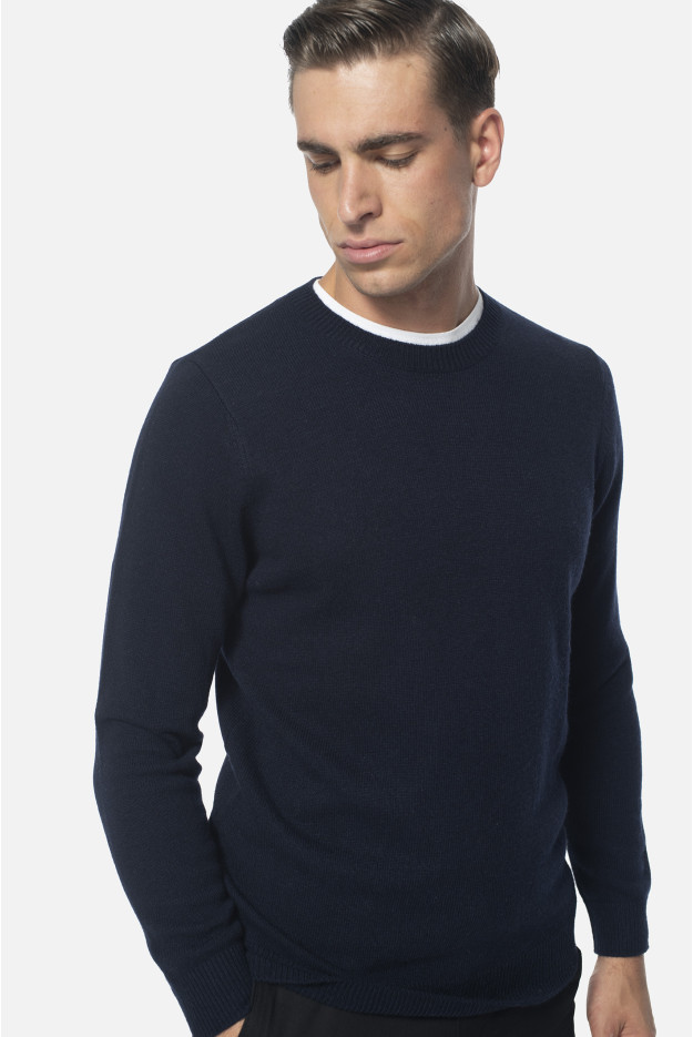 SWETER CREVANT Z OKRĄGŁYM DEKOLTEM GRANATOWY Z WEŁNĄ