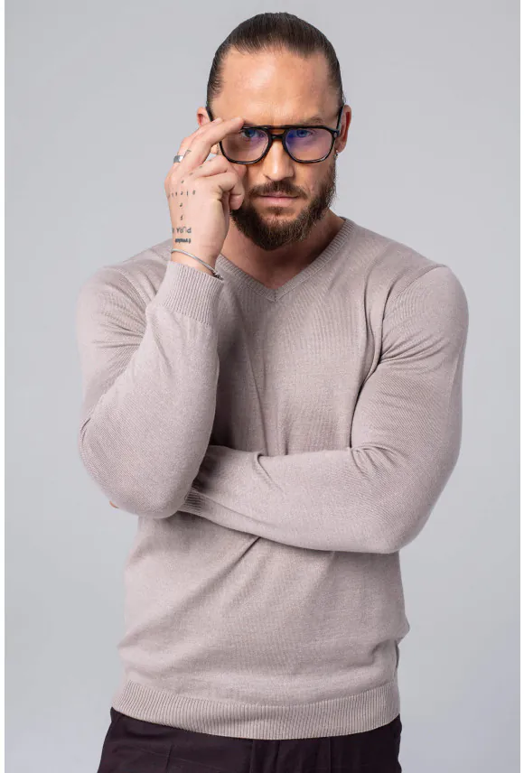 SWETER VARLIN Z DEKOLTEM TYPU SEREK BEŻOWY