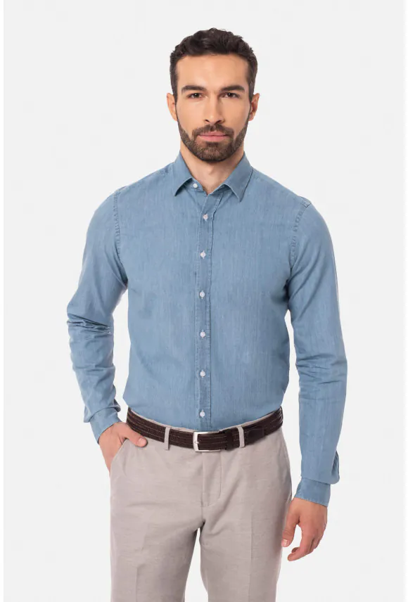 KOSZULA FORMENTO 3230 DŁUGI RĘKAW SLIM FIT BŁĘKITNA JEANSOWA