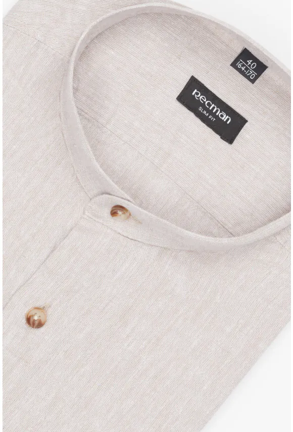 KOSZULA FORMENTO 3241T DŁUGI RĘKAW SLIM FIT BEŻOWA Z LNEM