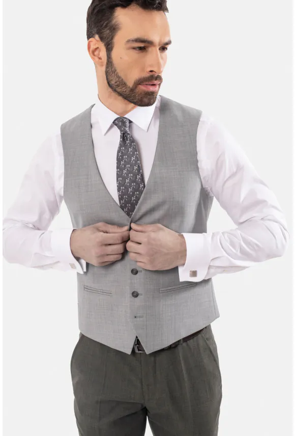 KAMIZELKA GRUTON SLIM FIT SZARA JEDNORZĘDOWA Z WEŁNĄ