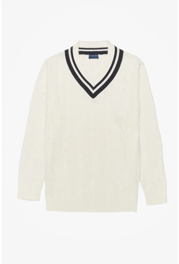 SWETER TENNIS CLUB 008 Z DEKOLTEM TYPU SEREK ECRU Z BAWEŁNĄ