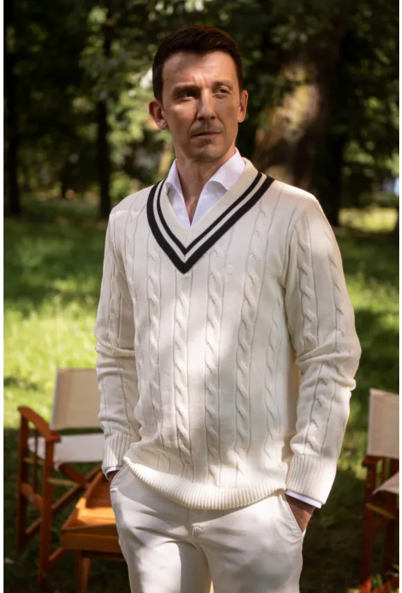 SWETER TENNIS CLUB 008 Z DEKOLTEM TYPU SEREK ECRU Z BAWEŁNĄ