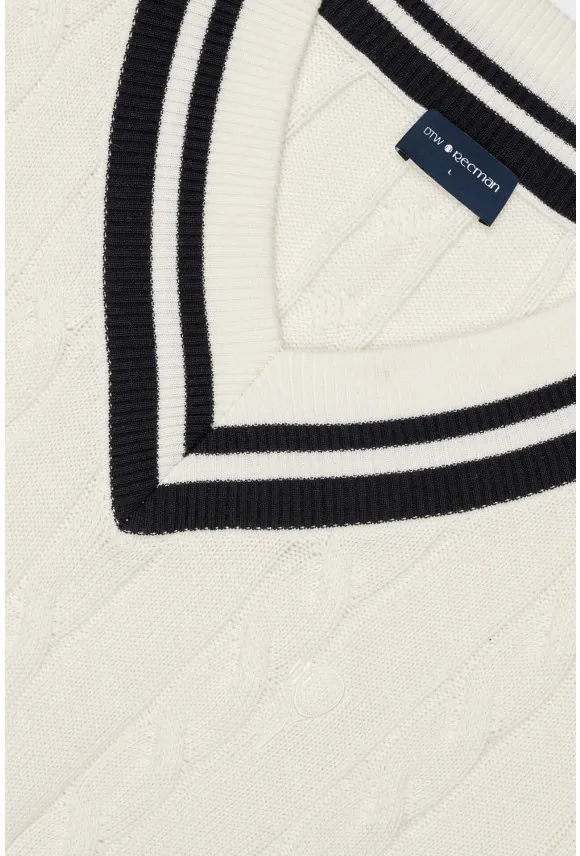 SWETER TENNIS CLUB 008 Z DEKOLTEM TYPU SEREK ECRU Z BAWEŁNĄ