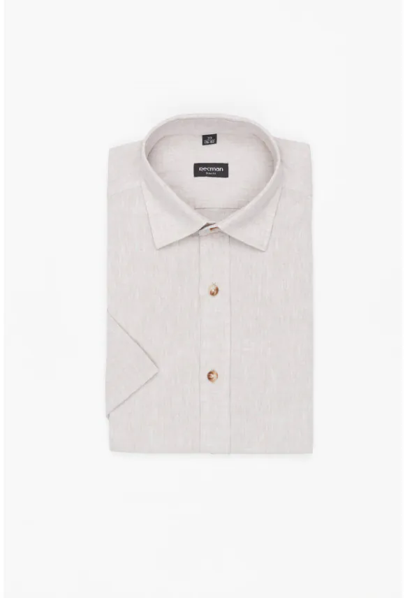 KOSZULA FORMENTO 3241 KRÓTKI RĘKAW SLIM FIT BEŻOWA Z LNEM