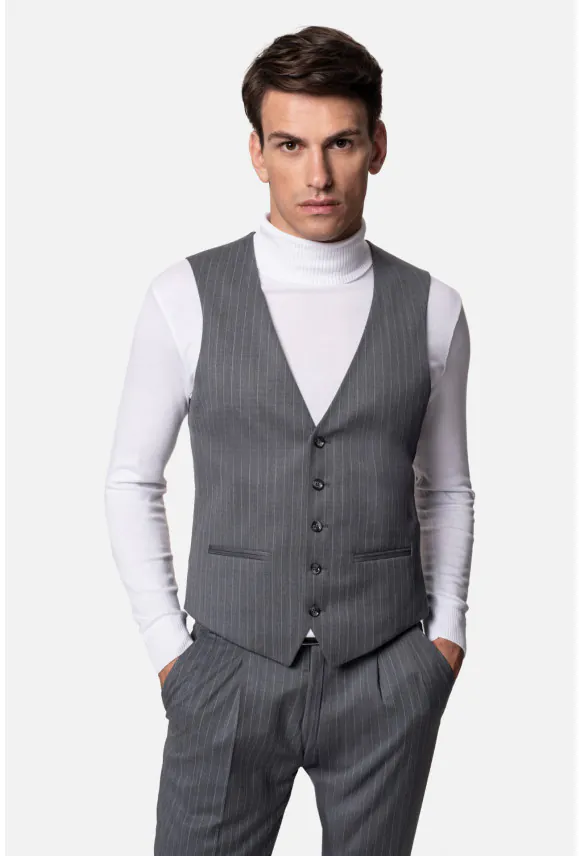 KAMIZELKA PERNET SLIM FIT SZARA JEDNORZĘDOWA Z WEŁNĄ