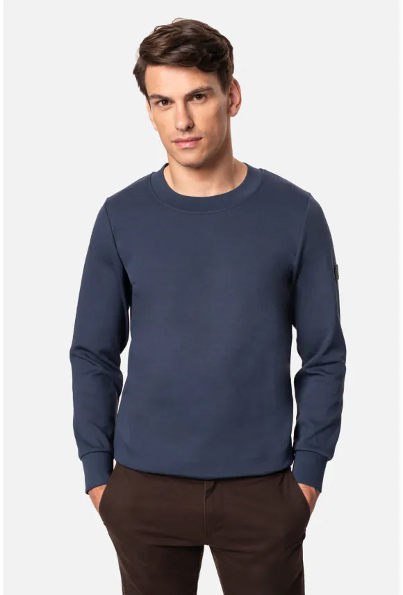 BLUZA DELFOR Z OKRĄGŁYM DEKOLTEM NIEBIESKA Z BAWEŁNY