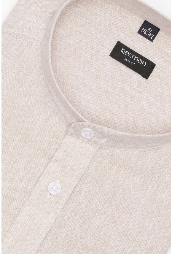KOSZULA FORMENTO 3289D DŁUGI RĘKAW SLIM FIT BEŻOWA Z LNEM