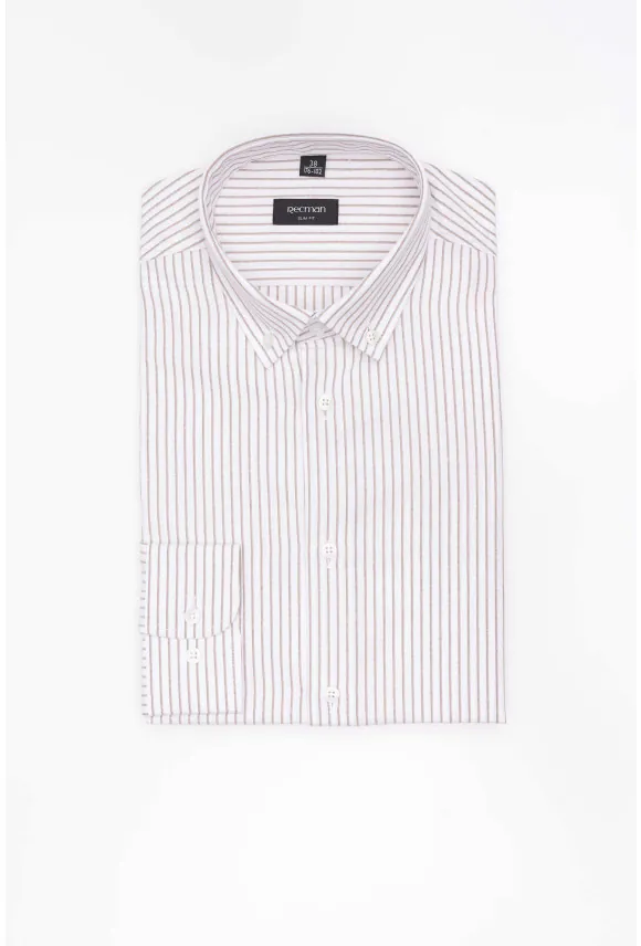 KOSZULA COFINO 3293T DŁUGI RĘKAW SLIM FIT BEŻOWA Z BAWEŁNĄ