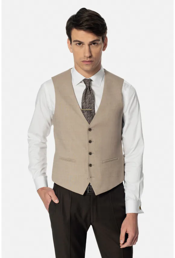 KAMIZELKA SOLURA SLIM FIT BEŻOWA JEDNORZĘDOWA