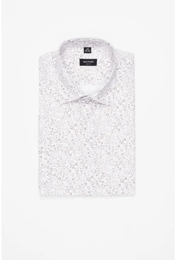 KOSZULA CORSINI 3296E KRÓTKI RĘKAW SLIM FIT BEŻOWA Z BAWEŁNĄ