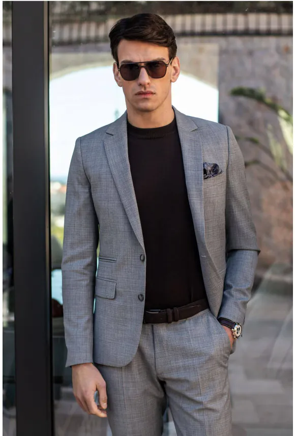 MARYNARKA GRESER SZARA SLIM FIT JEDNORZĘDOWA Z WEŁNĄ