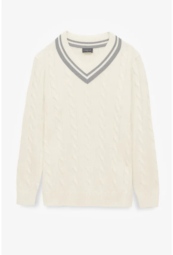 SWETER TENNIS CLUB 108 Z DEKOLTEM TYPU SEREK ECRU Z BAWEŁNĄ