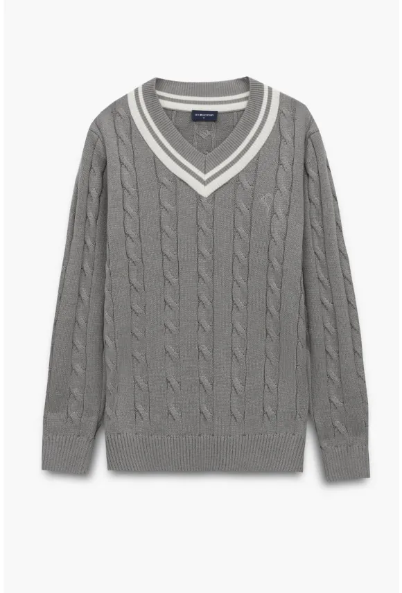 SWETER TENNIS CLUB 108 Z DEKOLTEM TYPU SEREK SZARY Z BAWEŁNĄ