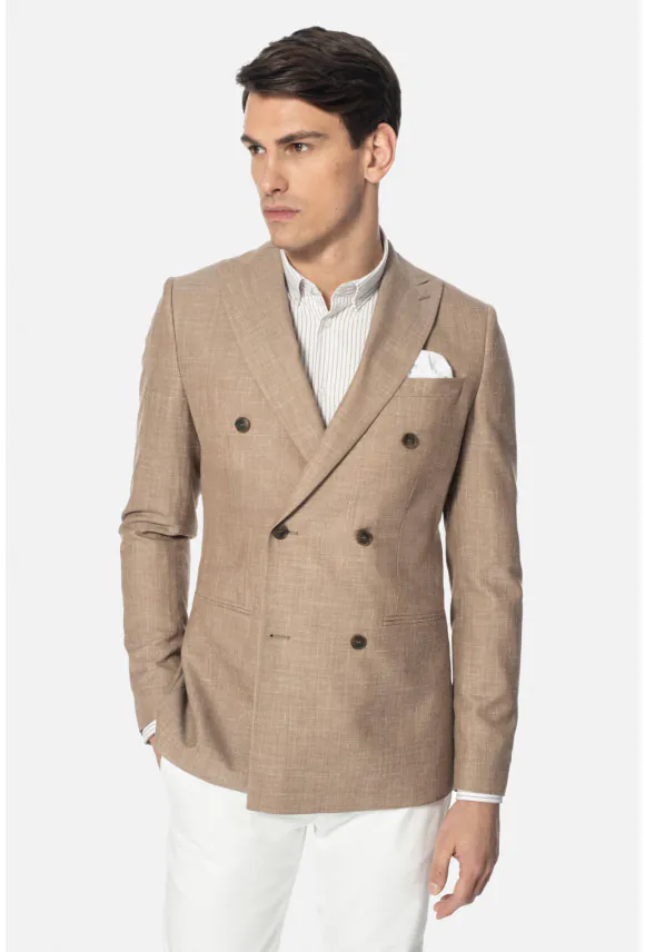 MARYNARKA ALAMO BEŻOWA SLIM FIT DWURZĘDOWA Z LNEM