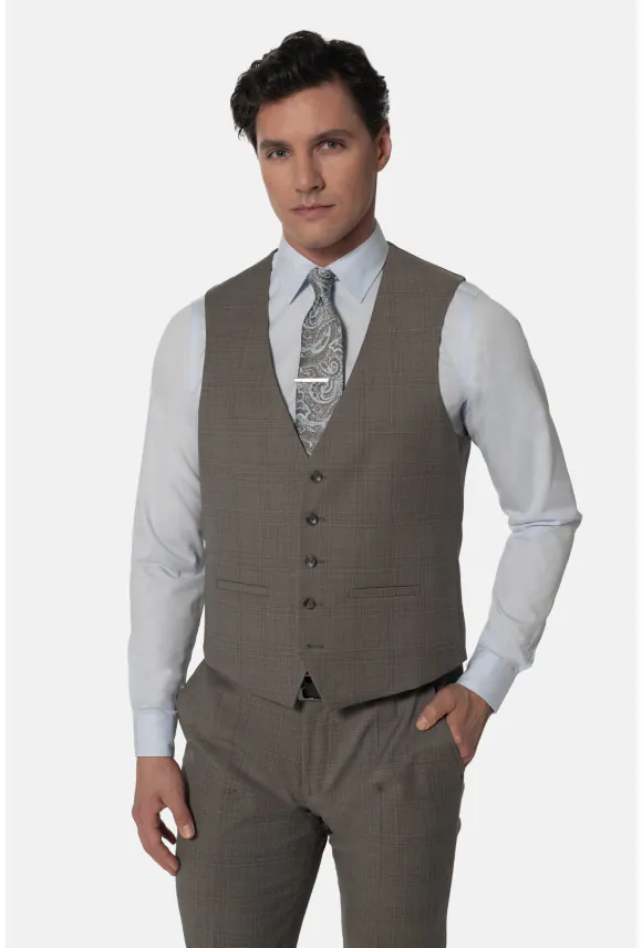KAMIZELKA CRATO SLIM FIT BRĄZOWA JEDNORZĘDOWA Z WEŁNĄ