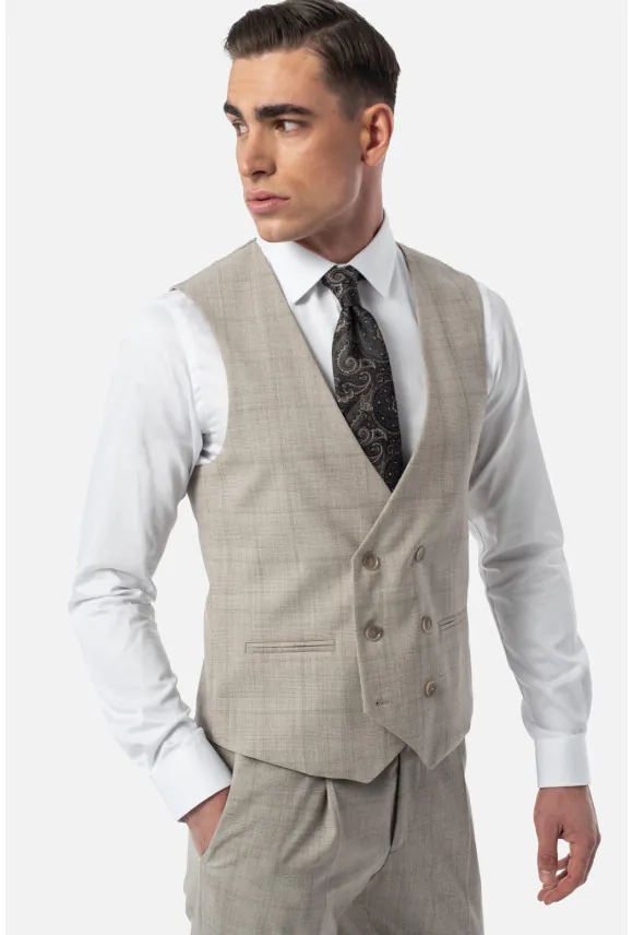 KAMIZELKA ANDRIA SLIM FIT BEŻOWA DWURZĘDOWA Z WEŁNY
