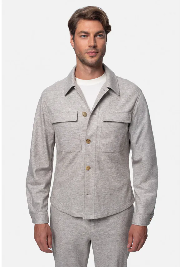 KOSZULA OVERSHIRT MERANO 3344D DŁUGI RĘKAW CUSTOM FIT BEŻOWA Z WEŁNĄ
