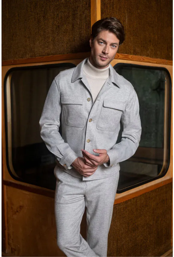 KOSZULA OVERSHIRT MERANO 3344D DŁUGI RĘKAW CUSTOM FIT BEŻOWA Z WEŁNĄ