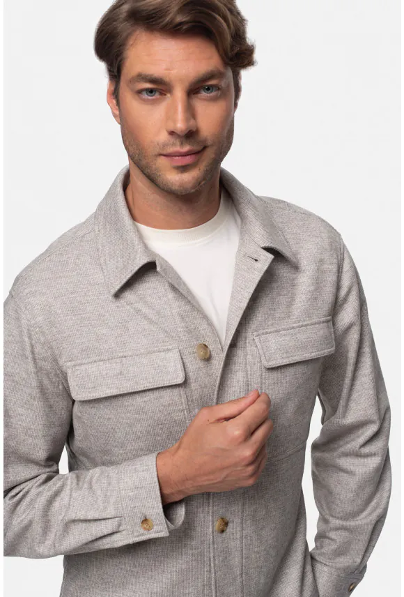 KOSZULA OVERSHIRT MERANO 3344D DŁUGI RĘKAW CUSTOM FIT BEŻOWA Z WEŁNĄ